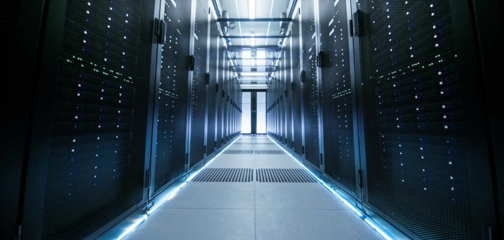 data-centre-servers two rows of servers in a data centre